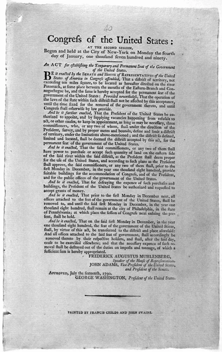 Folha impressa com título da lei, seis parágrafos, nomes de Muhlenberg, Adams e Washington e data de aprovação no rodapé.