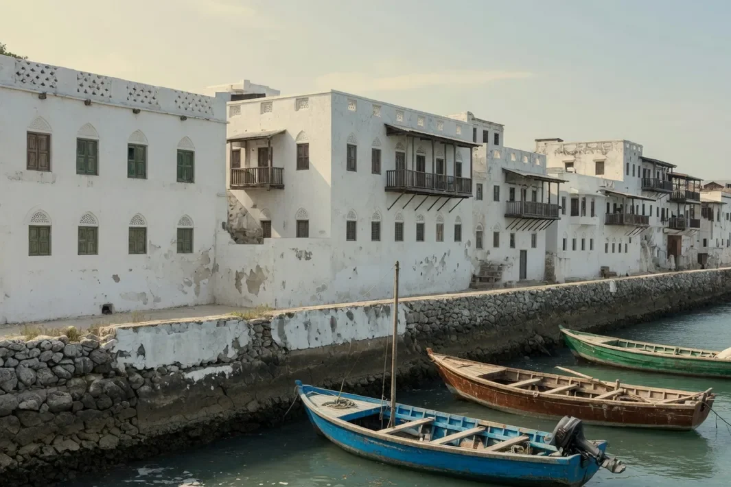 O muro do mar de Stone Town, casas brancas de coral e três barcos de madeira sem nome.
