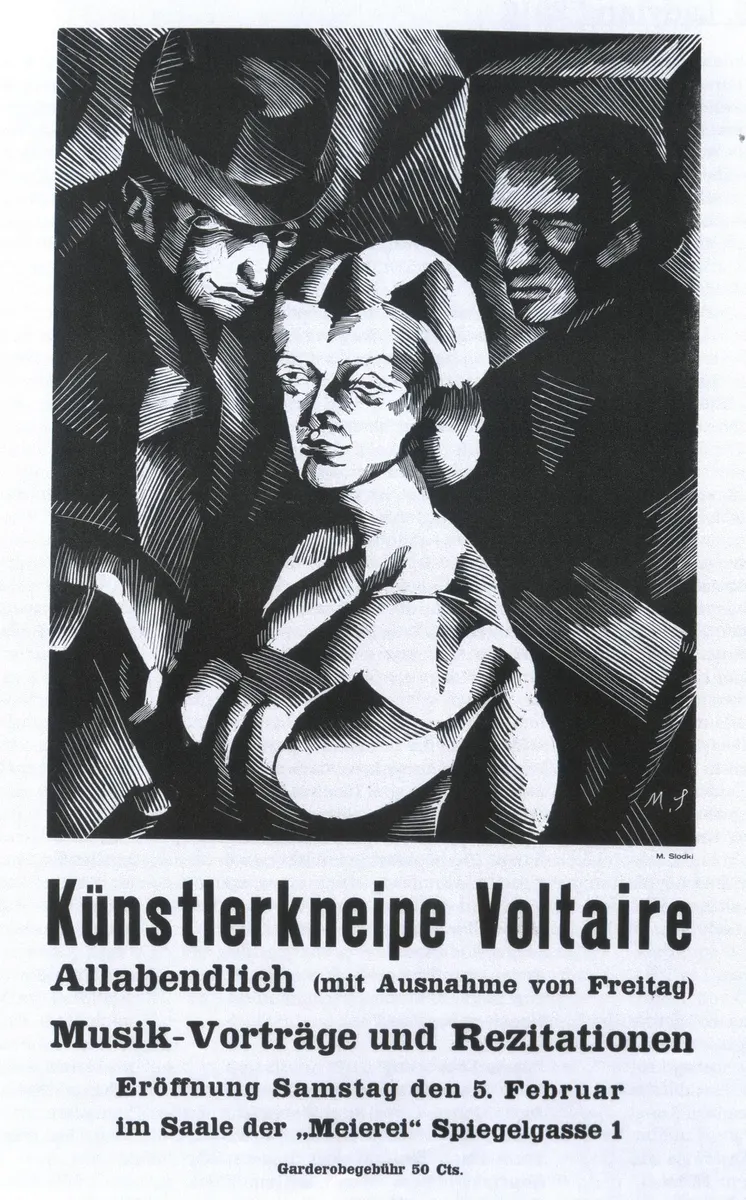 Cartaz tipográfico do Cabaret Voltaire, com rostos desenhados, o endereço Spiegelgasse 1 e a data 5 de fevereiro de 1916.
