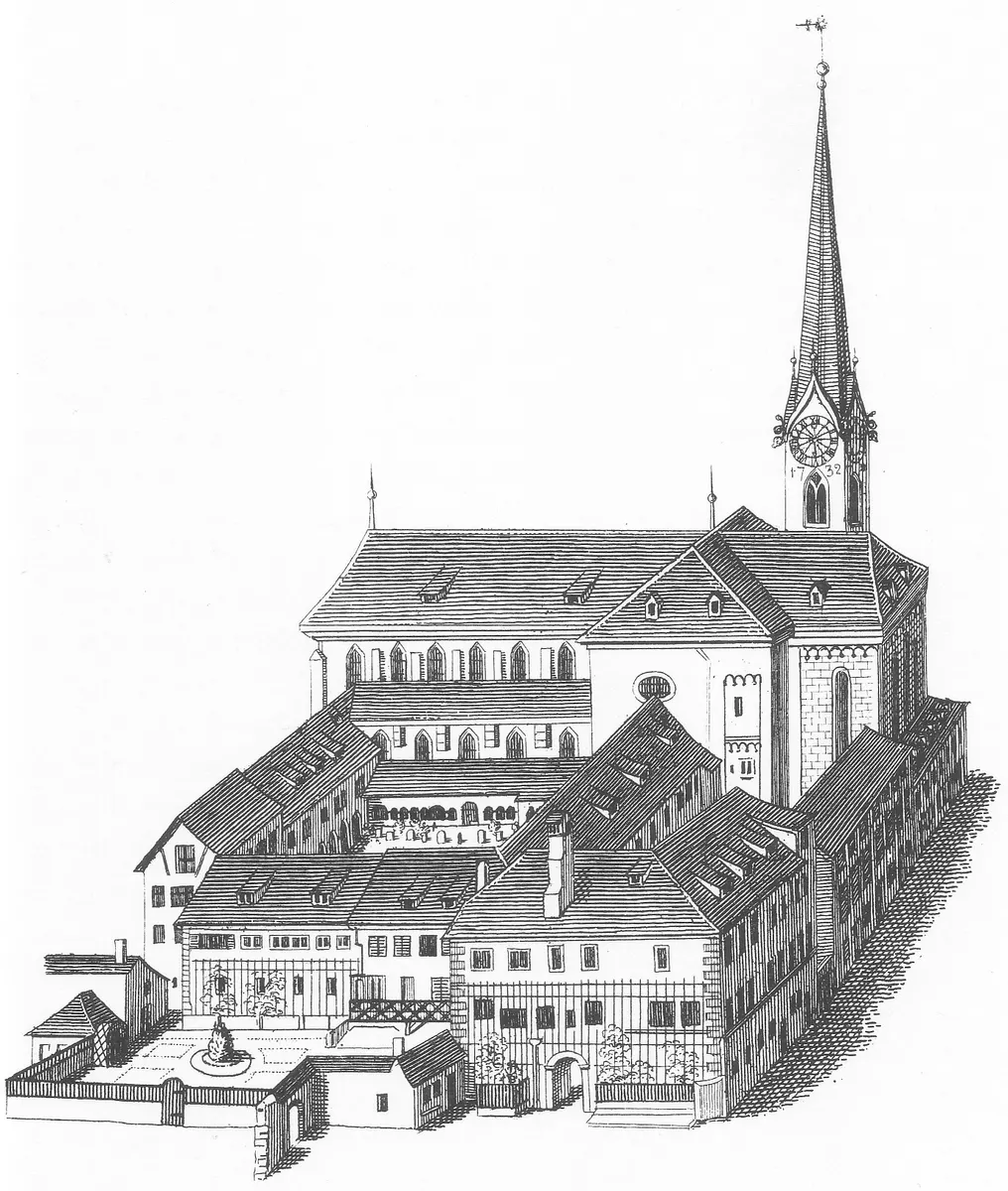 Gravura do complexo do Fraumünster, com torre, cata-vento, pátio, edifícios e uma figura à frente.