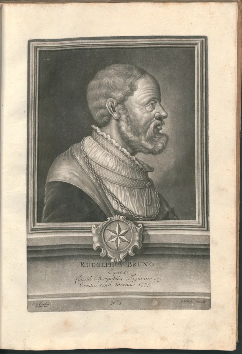 Página completa com retrato de Rudolf Brun em moldura ornamental, brasão, colar e texto impresso abaixo.