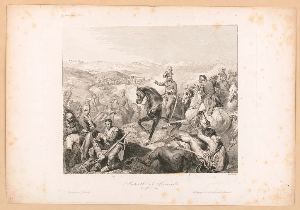 Gravura da batalha de Zurique, com tropas, cavalos, canhão, oficiais à frente e legenda na margem inferior.