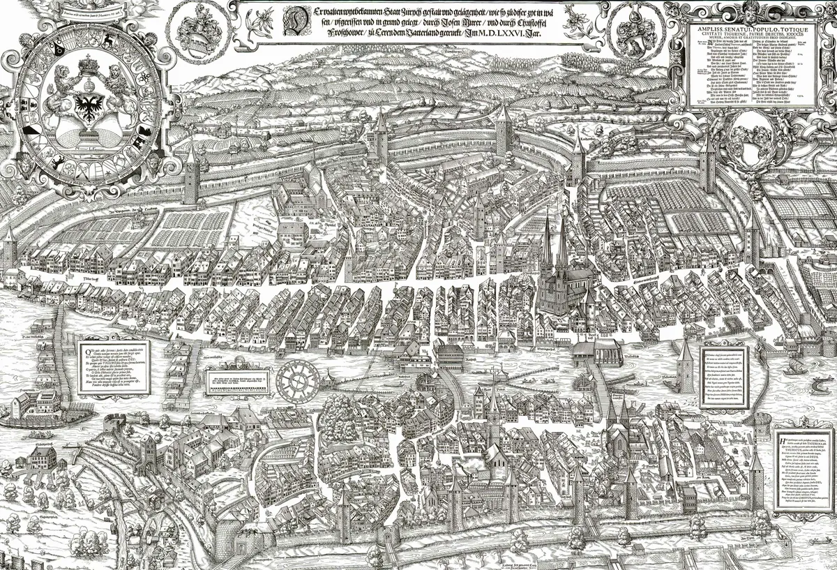 Plano antigo de Zurique com muralhas, torres, ruas, Limmat, lago, barcos e cartuchos nas margens.