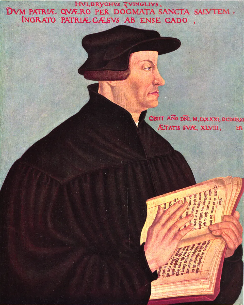 Retrato de Zwingli de perfil, com chapéu preto, livro na mão e inscrição no fundo claro.